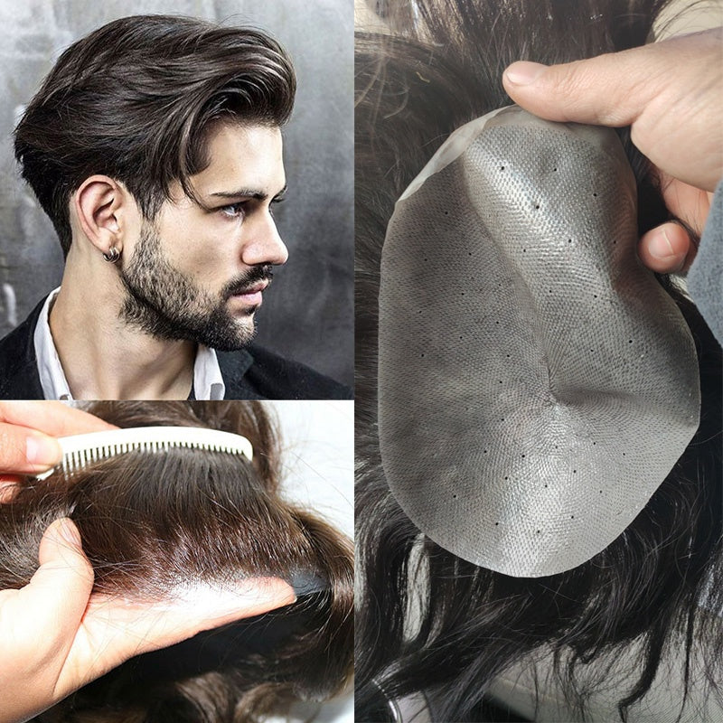 Hair Nature Toupee for Men, Human Hairpieces Replacement System PU Thin Skin V-looped Black Male Hair #1B