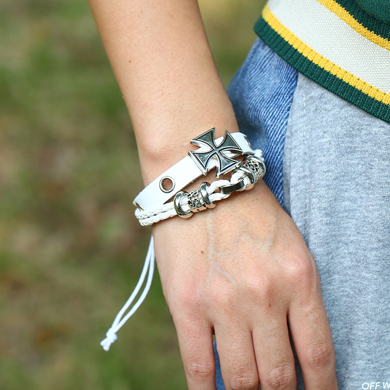 Refined Leather Bracelet with Vintage Beadwork and Drawstring