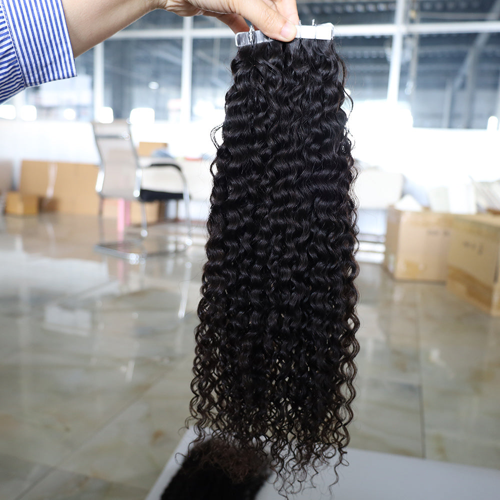 Tape in Hair Extensions Kinky Curly Real Human Hair Off Black