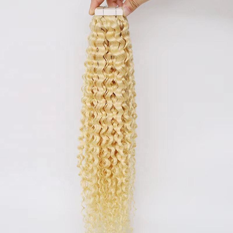 Kinky Curly Tape in Extensions Real Human Hair Tape ins 50grams 20pcs Seamless Invisible Full Head 3C( Curly Hair Bleach Blonde)